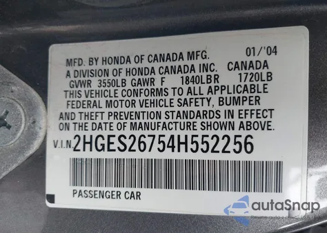 2004 Honda Civic Ex z USA, uszkodzony, nr VIN 2HGES26754H552256